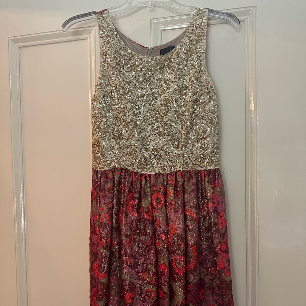 Anthropologie Wren sequined jacquard metallic floral fit and flare dress